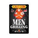 The Lone Star Art "Caution Men Grilling Bring Beer" metal sign features CAUTION at the top, BBQ-themed illustrations, MEN GRILLING text, and BRING BEER at the bottom—making it a fun housewarming gift for any BBQ fan.