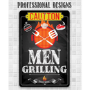 The Lone Star Art Caution Men Grilling Bring Beer Metal Sign features a tiled background, flaming grill, grilling tools, meats, and a “Bring Beer” banner—ideal as grilling decor or a fun housewarming gift.