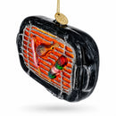 The Barbecue Grill Glass Christmas Ornament by BestPysanky features a glittery grill with tiny chicken, sausage, and veggies, hanging from a gold string for cookout-inspired holiday decor.
