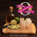 A bottle, four The Spice Lab Himalayan Salt Tequila Shooters, lime slices, a knife, and a lime on a wooden board. Text: Oprah’s Favorite Things 2013. Bottom text: Tray Not Included.