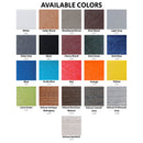 A grid shows 21 color samples for the Kanyon Living Adirondack Poly Glider Swivel Chair Blue & Light Grey, with shades of grey, brown, blue, red, orange, yellow, green, and seashell. Each is labeled with its name and code.