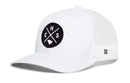 The Haka Hat Charleston Trucker Hat | CHS X Snapback by Haka Hat is a white mesh trucker hat featuring a round black patch with the letters C, H, and S arranged around an outline of a state. A small woven tag accents the side, and the hat boasts a curved brim and classic snapback styling, making it the perfect Charleston trucker hat for any occasion.
