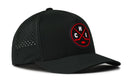 Introducing the Haka Hat Chicago Hockey Performance 5-Panel Hat | CHI X Flexfit Snapback—a black performance cap featuring a round red and black patch with two crossed hockey sticks and the letters “CHI.” Designed by Haka Hat, this stylish Chicago hockey hat offers side perforated ventilation holes for optimal comfort and functionality.