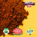 A mound of vibrant chipotle powder, featured in our Rico Rico Chile Powder 6 Pack Bundle (24 oz Total) alongside Ancho, Arbol, Guajillo, Habanero, and Pasilla chilies, sits on a yellow background with labels in the corners highlighting Non GMO, Authentic Products, Gluten Free, and the bold Chipotle Powder Rico! Rico! brand.