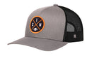 The Haka Hat Cincinnati Trucker Hat | Black CIN X Football Snapback features a gray and black mesh design with a round patch on the front displaying the letters “CINC” and a small football at the bottom center of the patch—making this classic Haka Hat snapback perfect for any football fan.