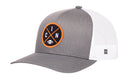 Introducing the Haka Hat Cincinnati Trucker Hat | Black CIN X Football Snapback by Haka Hat—a stylish gray and white trucker hat featuring a black and orange circular patch on the front with “CINC” and a football graphic. It sports a white mesh side and gray brim, making this snapback a must-have statement piece for any football fan.