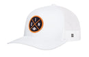 The Haka Hat Cincinnati Trucker Hat features a white mesh design with a black circular patch on the front, showcasing orange crossed lines, the letters “C” and “N”, and a small football icon. This Black CIN X Football Snapback also includes a small white tag on the side of the mesh panel.