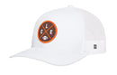 The Haka Hat Cleveland Trucker Hat is a white mesh baseball cap featuring a round brown and orange CLE X embroidered patch with CLE and a football graphic on the front. This classic Black CLE X Football Snapback from Haka Hat also includes a small white tag with a black logo on the side.