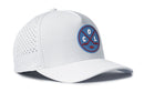 Introducing the Haka Hat Colorado Hockey Performance 5-Panel Hat | COL X Flexfit Snapback—a white Haka Hat featuring a blue and red circular patch with crossed hockey sticks, the letters C, O, and L, plus a hockey puck. Designed for comfort and performance, this hat has side panel perforations for ventilation and a Flexfit snapback closure for an adjustable fit.