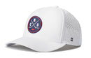 Introducing the Haka Hat Columbus Hockey Performance 5-Panel Hat | CBS X Flexfit Snapback—a white hat featuring a round front logo with two crossed hockey sticks, a puck, and the letters C, B, and S. Designed by Haka Hat with side ventilation holes and water-repellent material, this snapback includes a comfortable Flexfit sweatband for all-day wear.