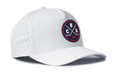 Introducing the Haka Hat Columbus Hockey Performance 5-Panel Hat | CBS X Flexfit Snapback in white, featuring a round front logo with two crossed hockey sticks and the letters B, C, and S inside a circle. Crafted by Haka Hat for all-day comfort, this water-repellent cap is equipped with a Flexfit sweatband to keep you cool and dry during any activity.