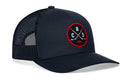A black Haka Hat Columbus Hockey Trucker Hat | CBS X Snapback featuring a mesh back and a round embroidered CBS X patch on the front, designed with two crossed baseball bats, a red border, and the letters C, B, and S.