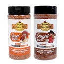 The Hickman's BBQ Competition Rub Package features two seasoning bottles—Sweet Rub, adorned with a rooster image, and Cowgirl Rub, featuring a woman in a hat. Both gluten-free blends from the Hickman's BBQ brand deliver expertly layered flavor for both BBQ competitions and everyday grilling. Enjoy these clean-ingredient seasonings made without preservatives for the perfect sprinkle every time.