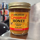 Guenther Apiary Strawberry Creamed Honey 8 oz jar with raw honey and dried strawberries, handcrafted in Arkansas for a smooth, fruity spread at DDR BBQ Supply