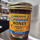 Guenther Apiary Blueberry Creamed Honey 8 oz jar made with raw honey and dried blueberries, smooth and spreadable, crafted in Arkansas and available at DDR BBQ Supply
