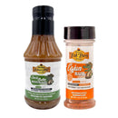 Two seasoning bottles bursting with Southern flavor—one filled with a rich, dark brown Creole Butter Marinade and the other with an orange Cajun Rub spice mix—both featuring alligator mascots and Hickman's BBQ Fat Boy branding. This set is called the Hickman's BBQ Fat Boy Turkey and Poultry Package.