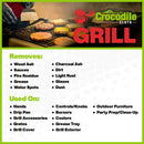A Crocodile Cloth® Grill Wipes (80 Count) ad shows burgers sizzling as text highlights these heavy-duty BBQ wipes remove ash, sauces, and grease from hands, grill parts, furniture, and outdoor gear—perfect for party prep.