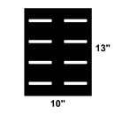 The DDR Fab Custom Charcoal Firebox Grate measures 13 inches long by 10 inches wide and features a black rectangular grid with six horizontal slots—three per column—set against a white background. Ideal as a charcoal firebox grate for your custom BBQ pit or offset smoker.
