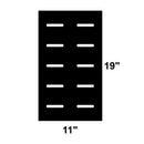 The DDR Fab Custom Firebox Charcoal Grate measures 19" long by 11" wide, with a black finish and rounded horizontal slots in three columns and four rows. Perfect as an offset smoker grate or custom charcoal grate for your setup.
