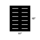 Introducing the DDR Fab Custom Charcoal Firebox Grate, measuring 15 inches long by 11 inches wide. This heavy-duty steel grate features a black rectangular design with six horizontal white bars on each side, providing enhanced durability and making it an ideal custom charcoal support system for your firebox.