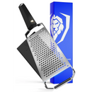The Dalstrong Professional Coarse Wide Cheese Grater with a black G10 handle is shown in front of an upright blue Dalstrong box with a white lion logo, alongside a black protective cover.