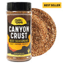 A container of Chiles and Smoke Canyon Crust Beef Seasoning is placed next to a close-up of the spice blend, highlighting its bold texture as an ideal BBQ rub for beef. A yellow Best Seller label appears in the top right corner.