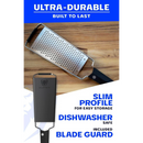 The Dalstrong Professional Coarse Wide Cheese Grater features a durable stainless steel blade, black G10 handle, slim design for easy storage, dishwasher safety, and an included blade guard for versatile use.