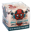 The Spice Lab Himalayan Salt Tequila Shooters 4 Pack includes four Pink Himalayan salt shot glasses, elegantly packaged in a clear box adorned with vibrant sugar skull artwork and floral decorations—an ideal choice for stylish tequila service.