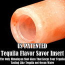 Close-up of The Spice Lab Himalayan Salt Tequila Shooters 4 Pack, featuring bold text promoting these patented shot glasses that keep tequila tasting fresh—not salty—perfect for anyone seeking unique tequila shooter glasses.