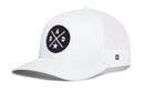 White Haka Hat Dad Trucker Hat featuring a black circular patch with an X shape, the letters D A D, and a star.