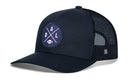 Show off your Dallas football pride with the Haka Hat Dallas Trucker Hat in Gray-White, featuring a breathable mesh back and a round blue patch on the front with crossed lines, the letters D, A, L, and a small football icon—perfect for fans who want style and comfort.