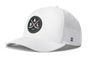 Introducing the Haka Hat Dallas Hockey Performance 5-Panel Hat | DAL X Flexfit Snapback—a white Flexfit Snapback from Haka Hat, designed with perforated sides and featuring a circular front logo with crossed hockey sticks, the letters A, D, L, and a green puck. This is the ultimate Dallas Hockey Hat for any fan.
