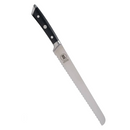 Serrated bread knife with black handle on a white background
