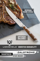 Dalstrong Gladiator 5 inch steak knife set with German steel blades and durable  wood handles. In box that easily makes great gift.  Optimum balance.