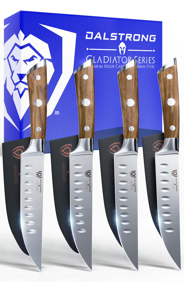 Dalstrong Gladiator 5 inch steak knife set with German steel blades and durable  wood handles. In box that easily makes great gift. 
