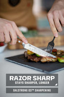 Dalstrong Gladiator 5 inch steak knife set with German steel blades and durable  wood handles. In box that easily makes great gift. Shown in use. 