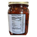 DDR BBQ Supply Cherry Sweet Fire Pickles & Peppers Pint – 16 oz: A chunky red sauce with chili seeds in a clear glass jar with gold lid, ideal for BBQ sandwiches or pairing with sweet heat pickles. 45 calories per 2-tbsp (28g), 16 servings per container.