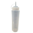 The DDR BBQ Supply Plastic Squeeze Bottle for Sauces – 24 oz features clear plastic with measurement markings, a white twist cap, and a narrow nozzle tip, perfect as a condiment or BBQ sauce dispenser for accurate serving.
