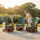 A woman in a light dress arranges a drink on the Kanyon Living Adirondack Poly Glider Swivel Chair in Dark Green & Cedar, surrounded by blooming hydrangeas and lush greenery—showcasing Kanyon Living’s handcrafted comfort.