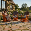 DDR BBQ Supply dark wood and orange poly lumber Adirondack glider swivel chair with contoured seat and back.