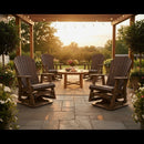 A cozy patio features four Kanyon Living Adirondack Poly Glider Swivel Chair Deluxe in Brazilian Walnut & Weathered Wood around a round table under a pergola, with potted plants and string lights creating the perfect setting for outdoor relaxation.
