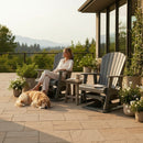 DDR BBQ Supply Driftwood Grey poly lumber Adirondack glider swivel chair with contoured seat and backrest.