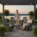 DDR BBQ Supply Driftwood Grey poly lumber Adirondack glider swivel chair with contoured seat and back, perfect for outdoor relaxation.