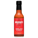 A 5 oz (148 mL) bottle of Bravado Spice Co Árbol Chili & Garlic Hot Sauce from Bravado Spice Co, featuring a red label and a black cap. This Mexican-style hot sauce offers medium heat and combines the bold flavors of árbol chili and garlic for a vibrant taste experience.