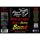 Sure! Here’s the rewritten sentence using your provided product data: Black label featuring a bear logo. The text reads Pawpa Flavor LLC and Pawpa Flavor Bearly Legal Bacon Butter Bomb Seasoning & Rub. This savory blend delivers bold bacon butter flavor so good it should be outlawed—perfect for fans of loaded baked potato seasoning. Label includes nutrition facts, ingredient list, and social media icons. Tagline: Flavor so good it should be outlawed.