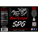 Black label for Pawpa Flavor Bearly Legal SPG No Sugar Seasoning & Rub by Pawpa Flavor LLC, featuring a bold bear logo. The label displays nutrition facts, ingredients, and a prominent warning in red, white, and yellow text to shake well. Marketed as a Texas-style BBQ seasoning with a savory garlic peppercorn rub profile. Also includes social media icons and company information for easy connectivity.