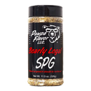 A spice shaker labeled Pawpa Flavor LLC Pawpa Flavor Bearly Legal SPG No Sugar Seasoning & Rub features a bear logo. The text reads: Flavor so good it should be outlawed. This Texas-style BBQ seasoning and rub delivers bold taste with every sprinkle. Net weight: 11.5 oz (326g).