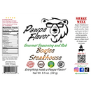 Label for Pawpa Flavor Boujee Steakhouse Seasoning & Rub by Pawpa Flavor LLC. Showcasing a bold bear logo, this seasoning and rub blends traditional steakhouse flavors with a contemporary flair. The label displays comprehensive product information, nutrition facts, and icons indicating that it is vegan-friendly, gluten-free, and low in sodium. Convenient social media links are also included. Net weight: 8.5 oz.