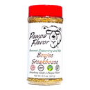 A spice bottle labeled Pawpa Flavor Boujee Steakhouse Seasoning & Rub from Pawpa Flavor LLC features a bear logo, a red cap, and icons indicating it is low sodium, vegan-friendly, and gluten free. With a net weight of 8.5 oz (241g), this blend makes the perfect steakhouse rub for any kitchen.