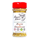 A clear spice jar labeled “Pawpa Flavor Boujee Steakhouse Seasoning & Rub” from Pawpa Flavor LLC features a bear logo, a red cap, and icons indicating low sodium, vegan friendly, and gluten free. This premium Boujee Steakhouse Seasoning is ideal as a steakhouse rub. Net weight: 4.25 oz (120g).